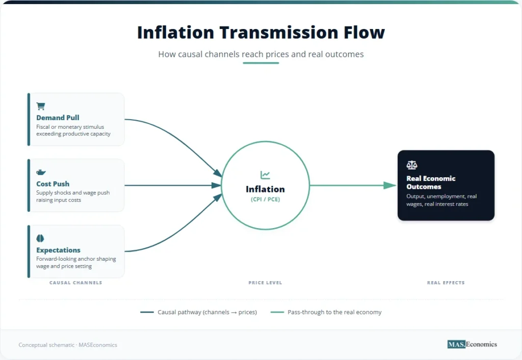 Inflation transmission flow diagram showing how demand-pull, cost-push, and expectations channels reach the CPI and PCE price indices, then pass through to output, unemployment, and real wages.