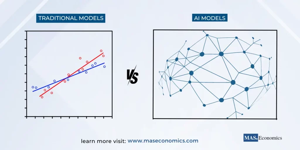 A simple chart comparing traditional econometric models (e.g., regression lines) on one side with AI models (e.g., neural network visualization) on the other.