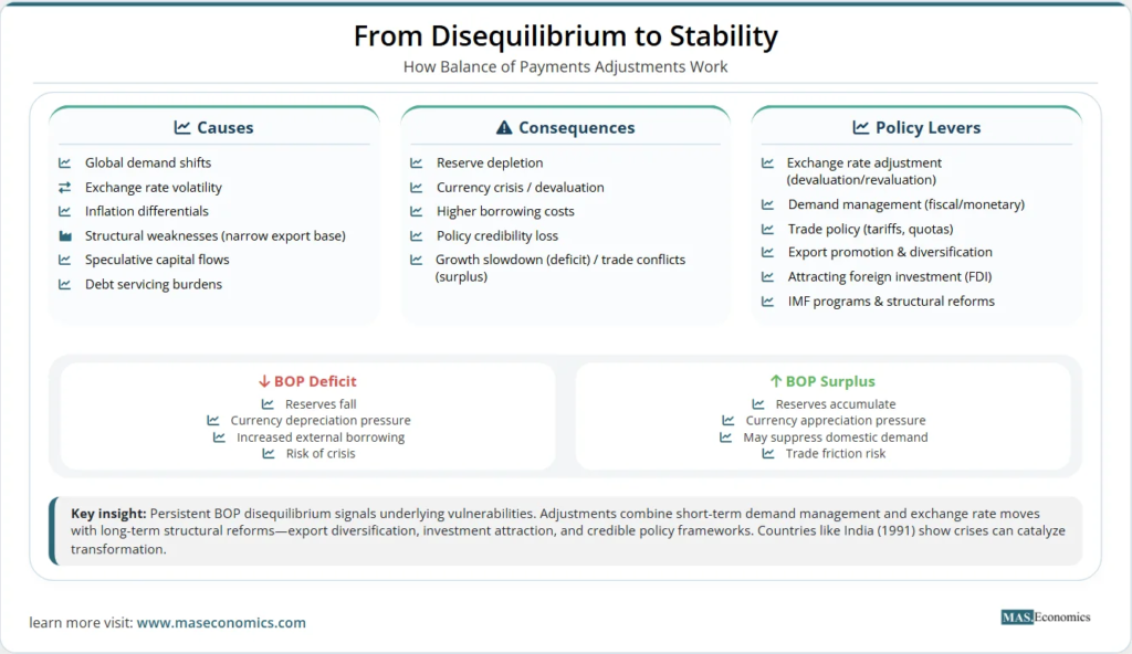 BOP infographic: causes of disequilibrium, consequences, policy levers, deficits vs surpluses, and structural reforms for stability.