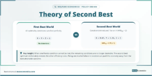 Theory of Second Best: first‑best world with no distortions, second‑best world with tax constraint leads to deliberate violation of remaining efficiency conditions.