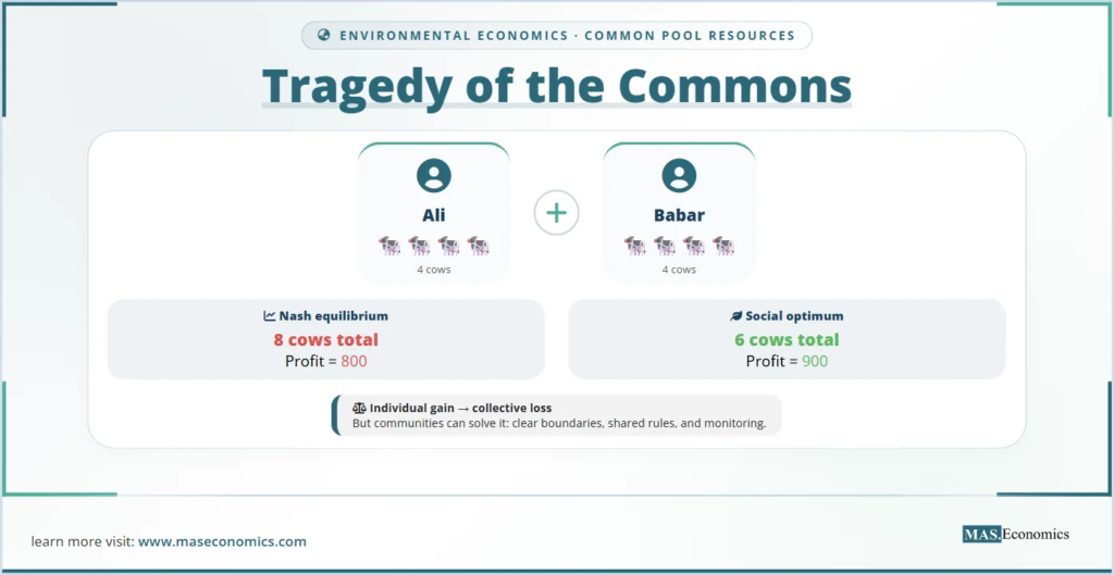 Tragedy of the Commons: Ali and Babar with cows; Nash equilibrium 8 cows profit 800, social optimum 6 cows profit 900.