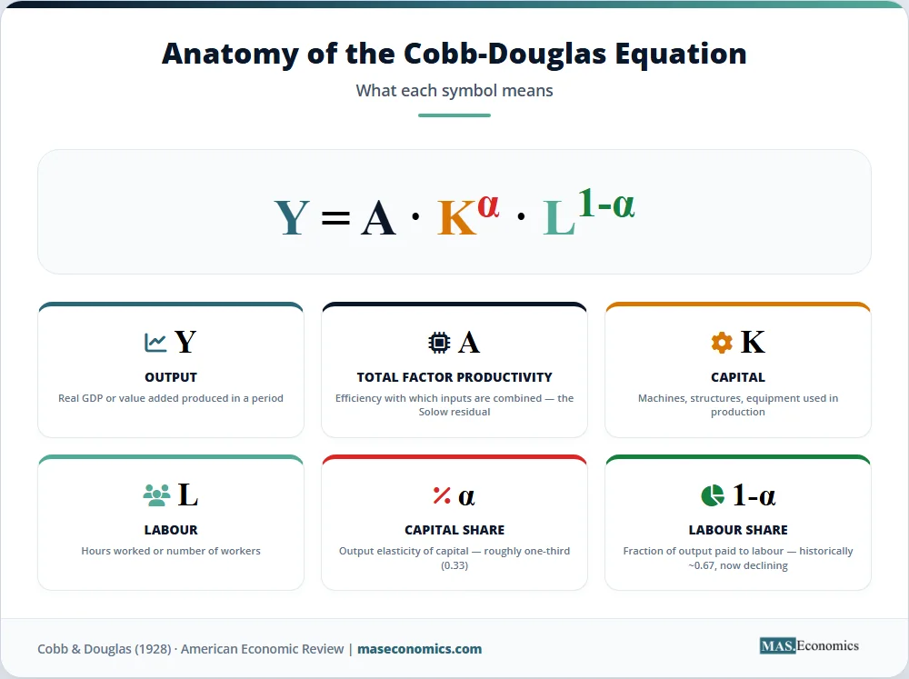 Cobb‑Douglas equation anatomy diagram explaining Y equals A times K to alpha times L to one minus alpha.