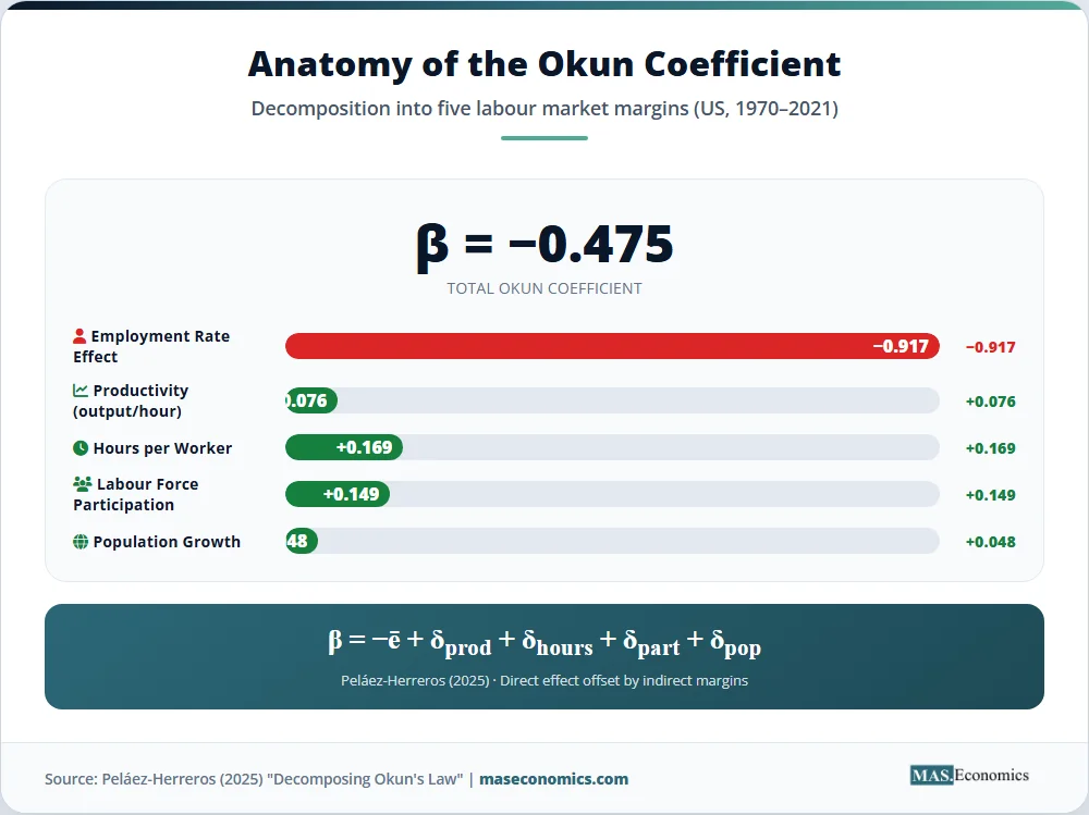 Anatomy of Okun coefficient infographic showing five labor market margin contributions to total beta.