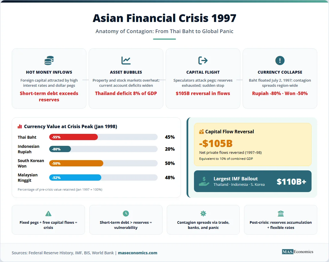 Asian financial crisis 1997 contagion infographic showing capital flow reversal of 105 billion dollars and currency collapse percentages.