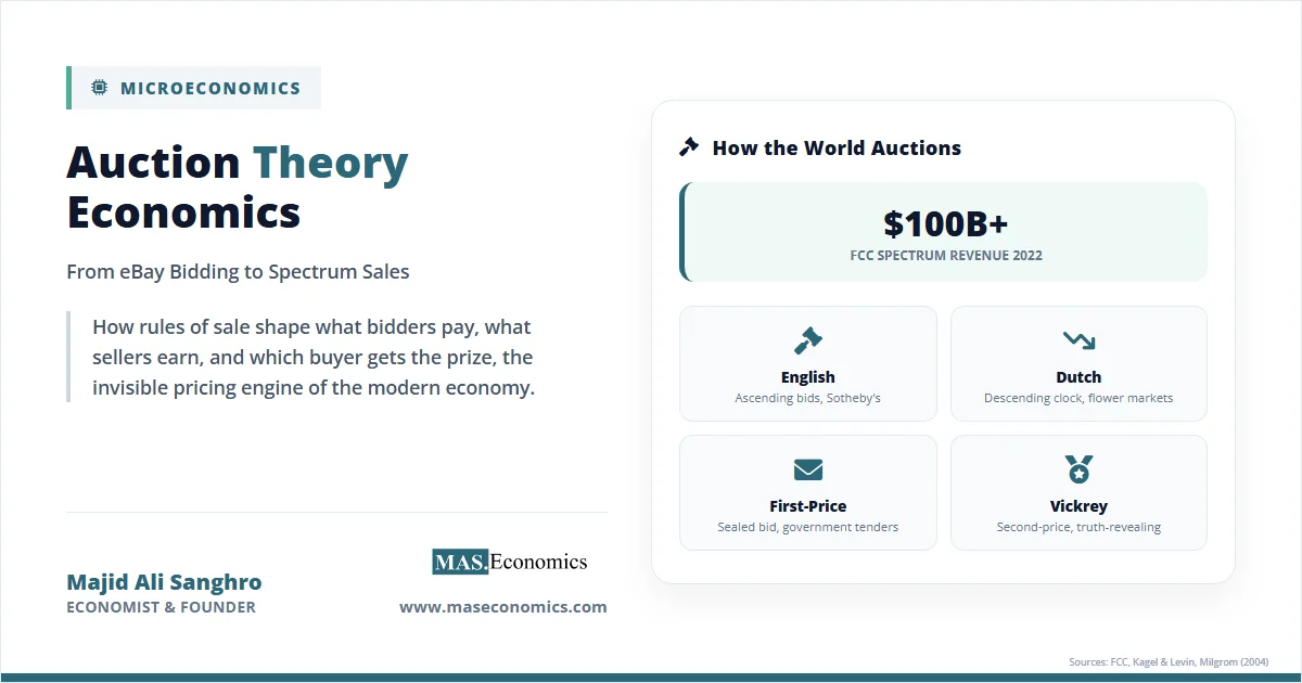 Auction theory economics concept with examples from eBay bidding to spectrum auctions.