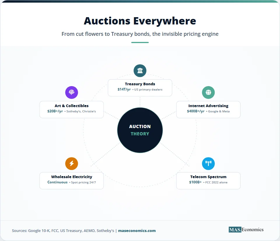 Markets using auctions including Treasury bonds, art, internet advertising, electricity, and telecom spectrum.