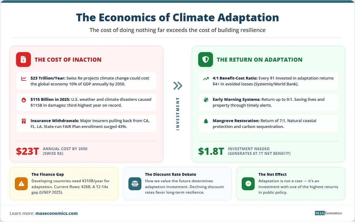 Climate adaptation economics: $23 trillion annual cost of inaction by 2050; adaptation returns 4:1; $310 billion finance gap.