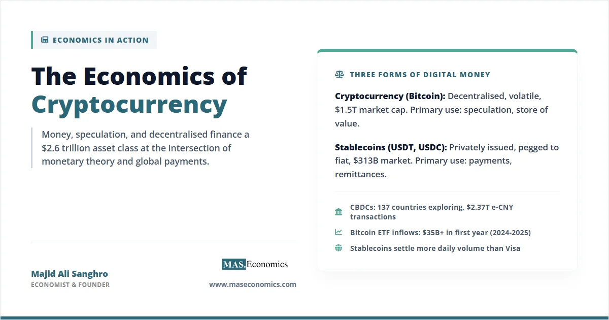 Economics of cryptocurrency: Bitcoin $1.5T, stablecoins $313B, CBDCs 137 countries; stablecoin volume exceeds Visa.