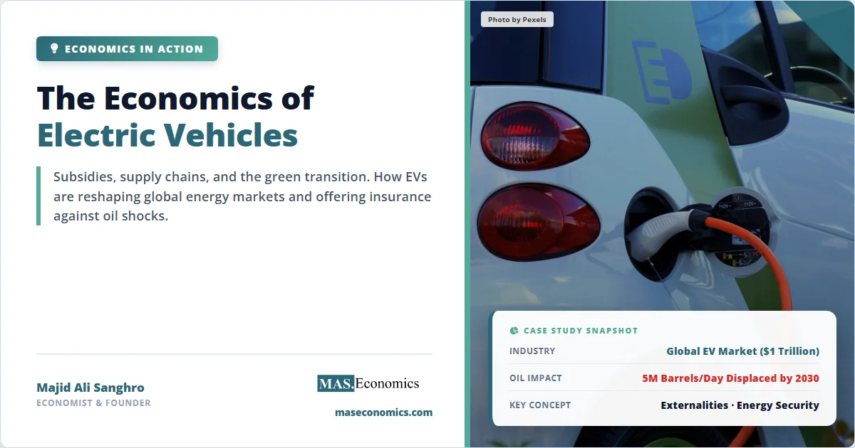 EV economics: $1 trillion market, 5 million barrels oil displaced by 2030, externalities and energy security.