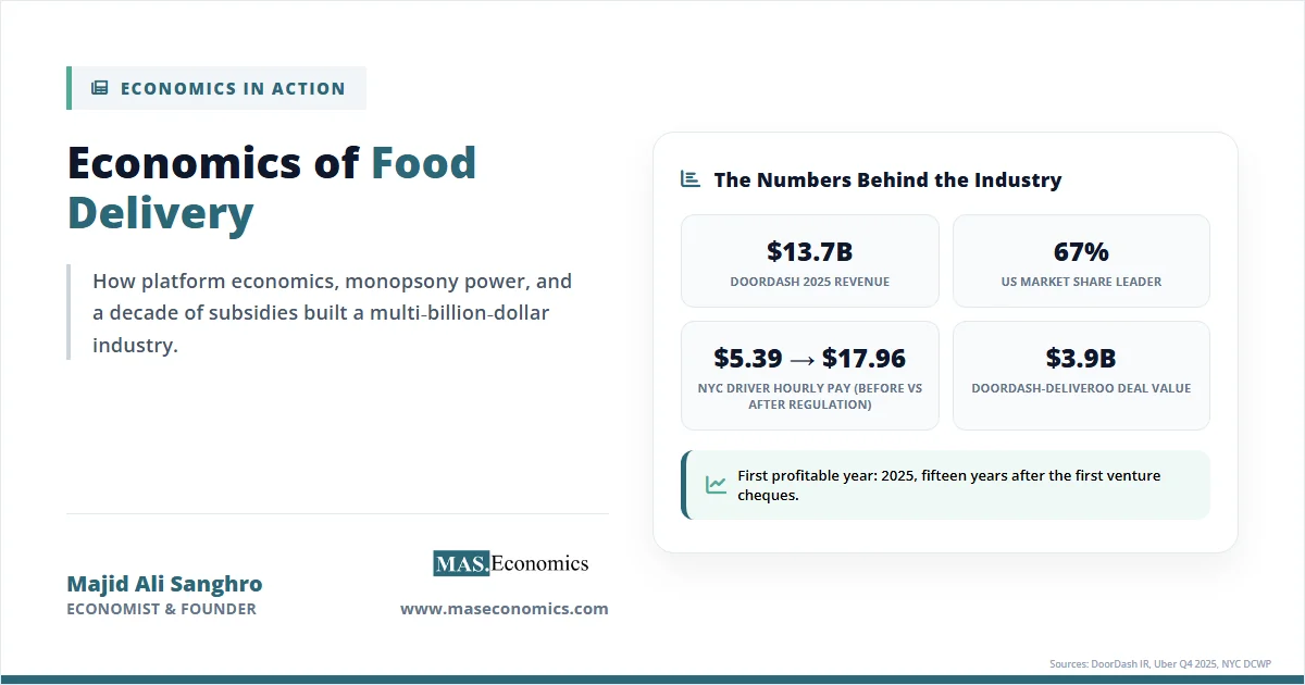feature image titled Economics of Food Delivery showing $13.7B revenue, 67% market share, and NYC driver pay increasing from $5.39 to $17.96.