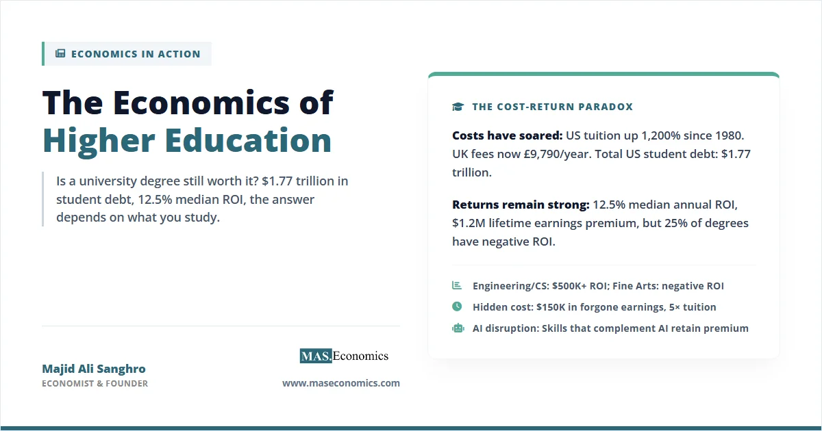 Economics of higher education: $1.77 trillion student debt, 12.5% ROI, 25% of degrees negative ROI; engineering positive, fine arts negative.