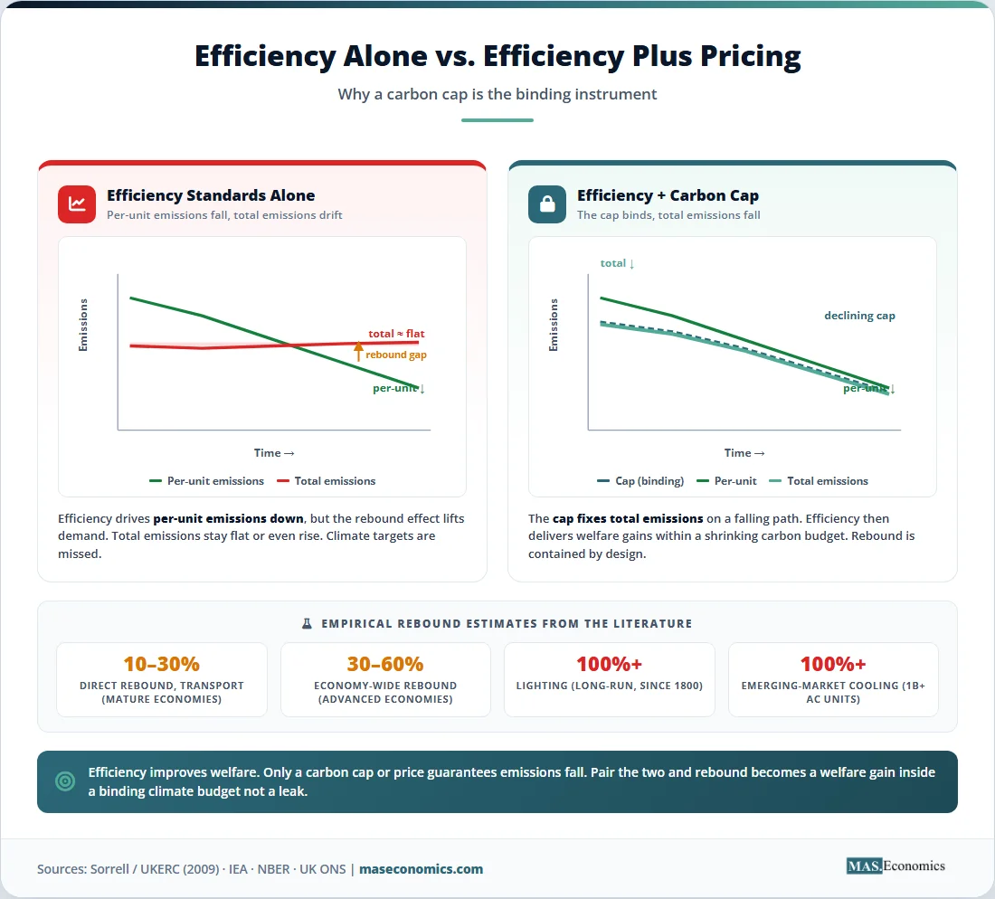 Efficiency alone versus efficiency with a carbon cap chart showing total emissions paths and rebound effect data.