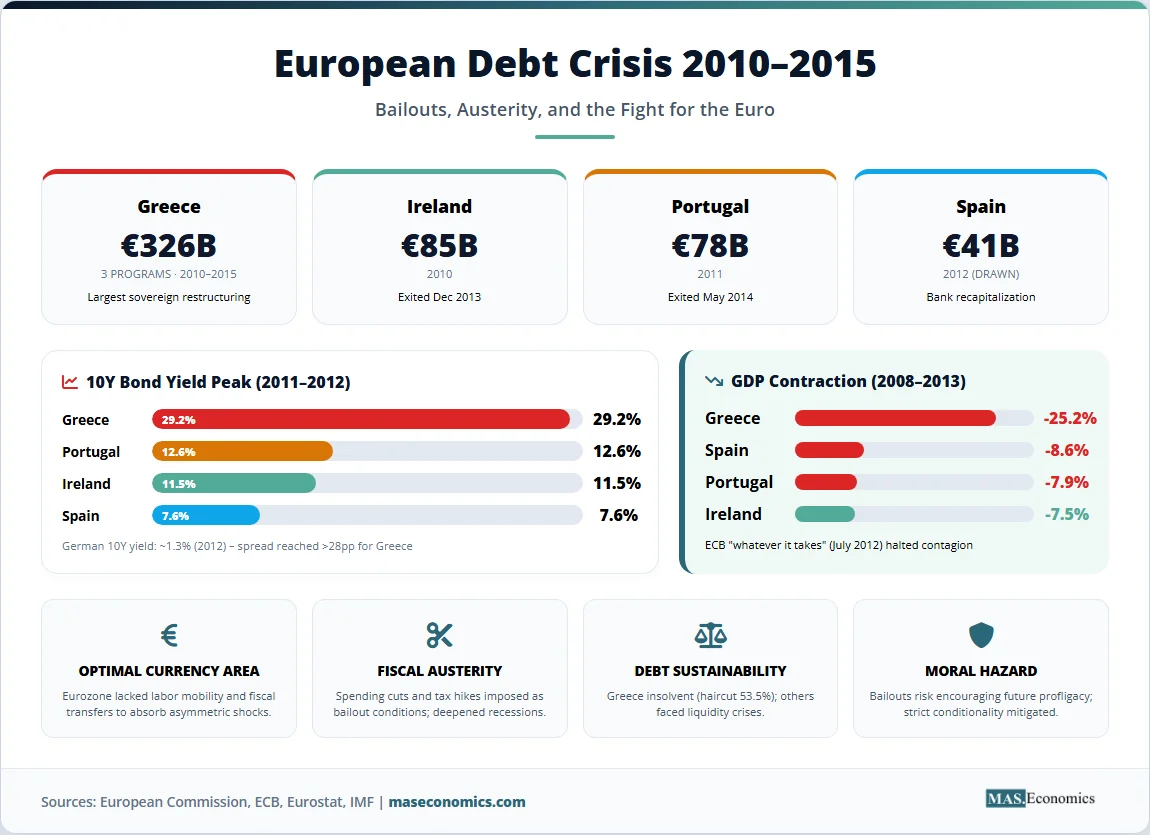 European debt crisis infographic showing bailout amounts bond yield peaks and GDP contractions for Greece Ireland Portugal and Spain.

