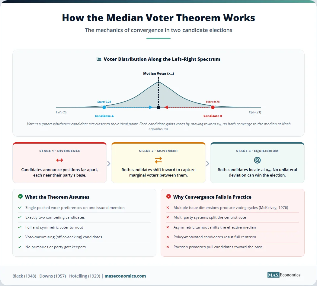 Step by step walkthrough of the median voter theorem with stages of candidate movement along a left right spectrum and list of model assumptions.