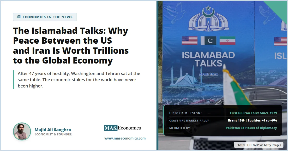 Islamabad Talks April 2026: first US-Iran talks since 1979, mediated by Pakistan; ceasefire market rally Brent -15%, equities +4 to +9%.