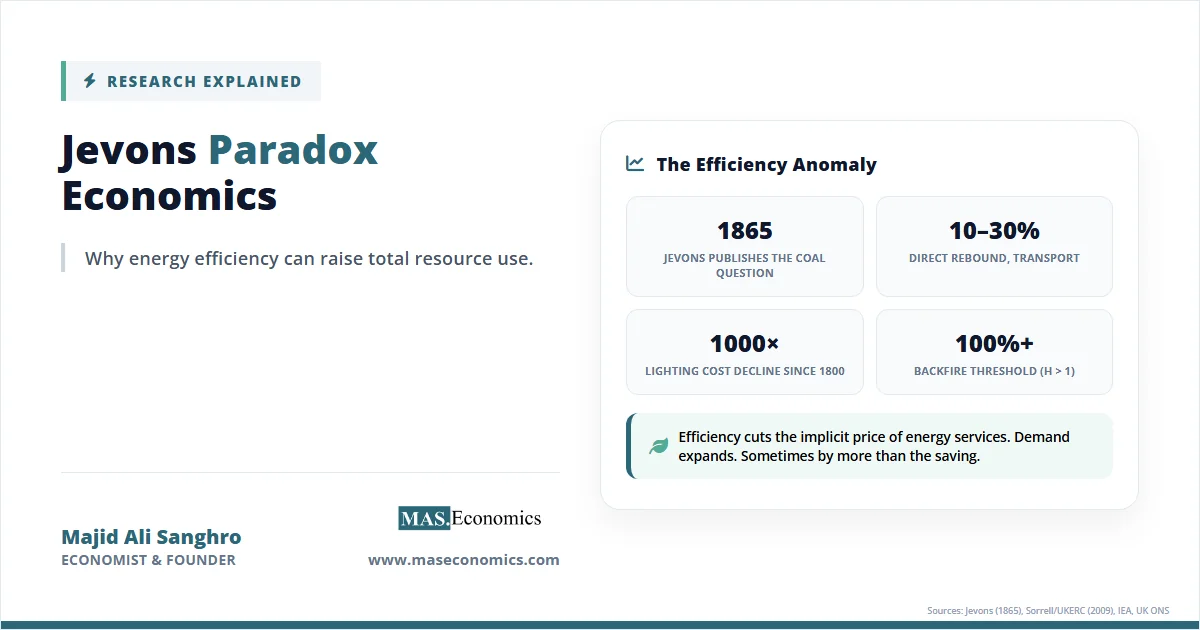 Jevons paradox economics illustration with direct rebound, lighting cost decline, and backfire threshold.