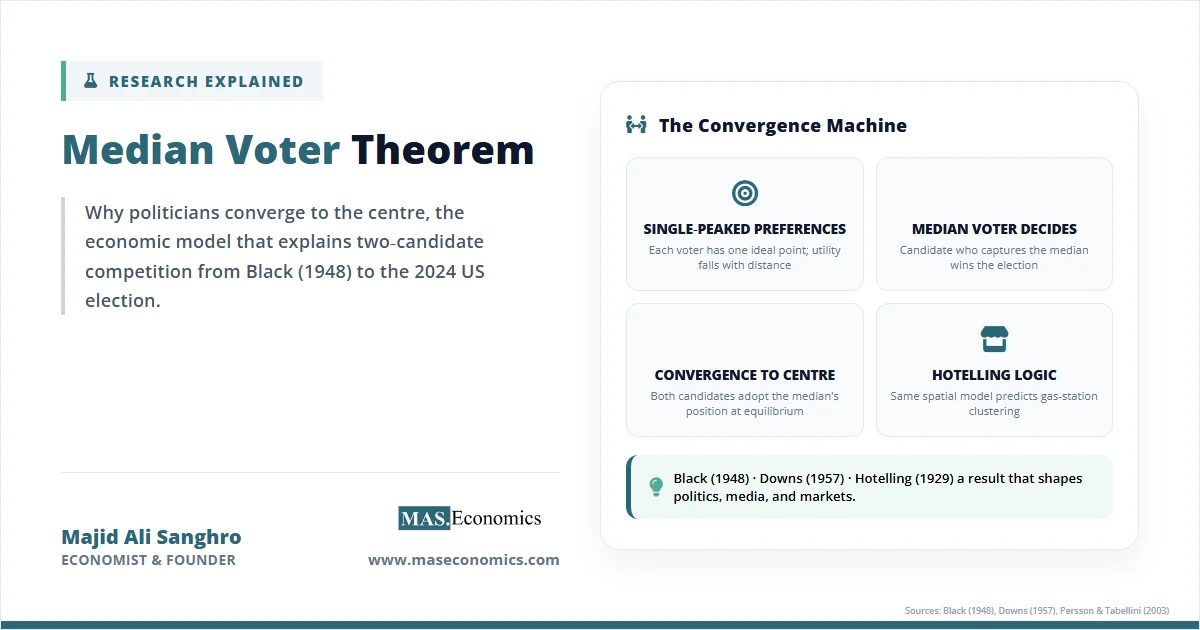 Median voter theorem overview highlighting single peaked preferences, the decisive role of the median voter, and convergence to the centre.