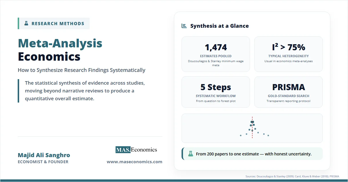 Meta-analysis economics overview with pooled estimates, high heterogeneity, and systematic workflow steps.