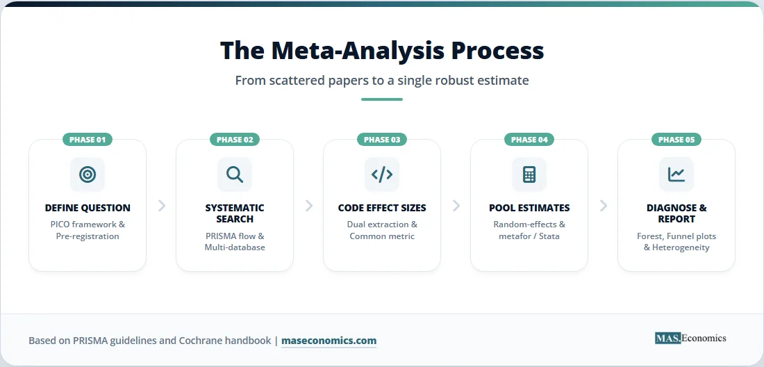 Five‑phase meta-analysis process diagram from question definition to diagnostic reporting using forest and funnel plots.