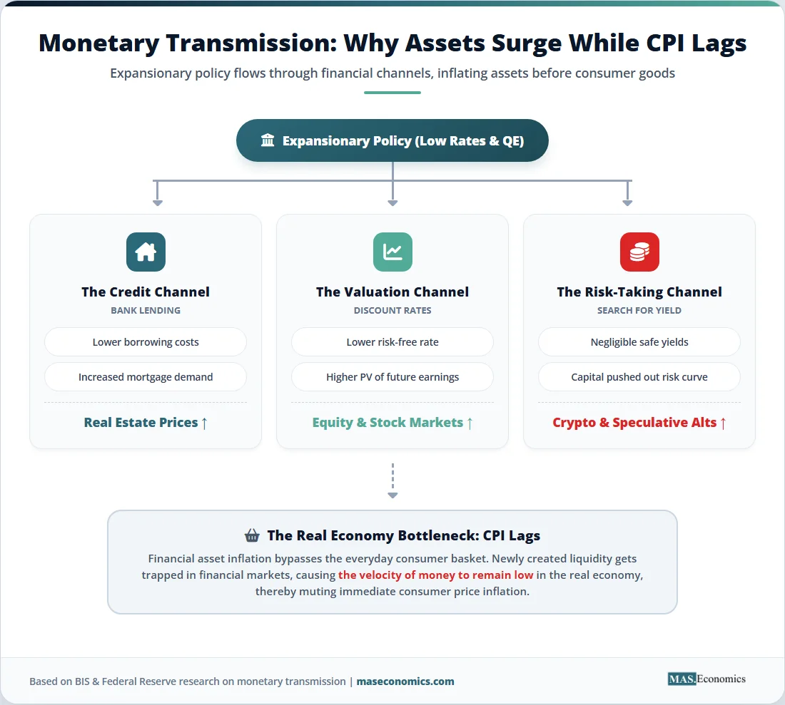 Monetary transmission channels diagram showing credit valuation and risk taking effects on assets with CPI lag.