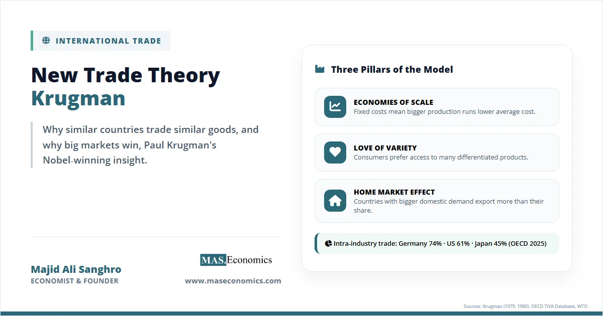 New Trade Theory Krugman diagram with economies of scale love of variety and home market effect.