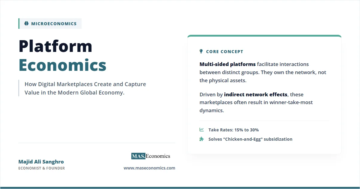 Platform economics: multi‑sided platforms, network effects, winner‑take‑most, take rates 15–30%.