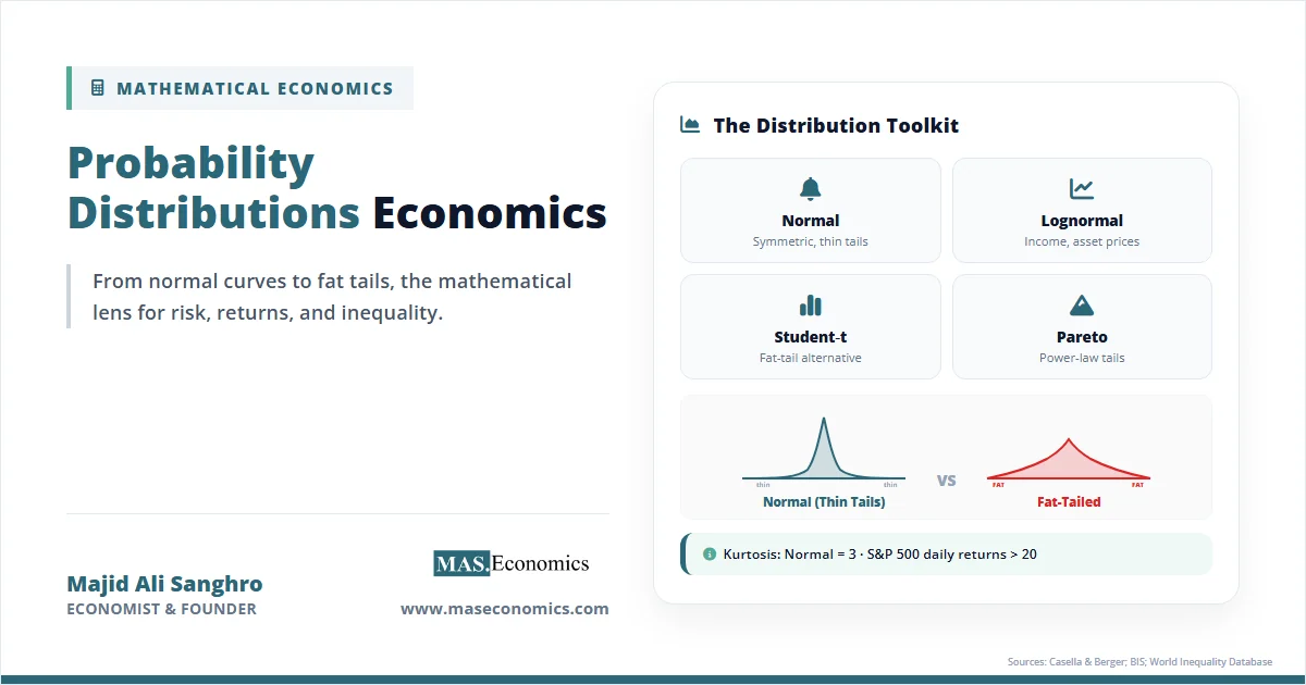 Probability distributions toolkit showing normal, lognormal, Student‑t, and Pareto with thin and fat tail illustration.