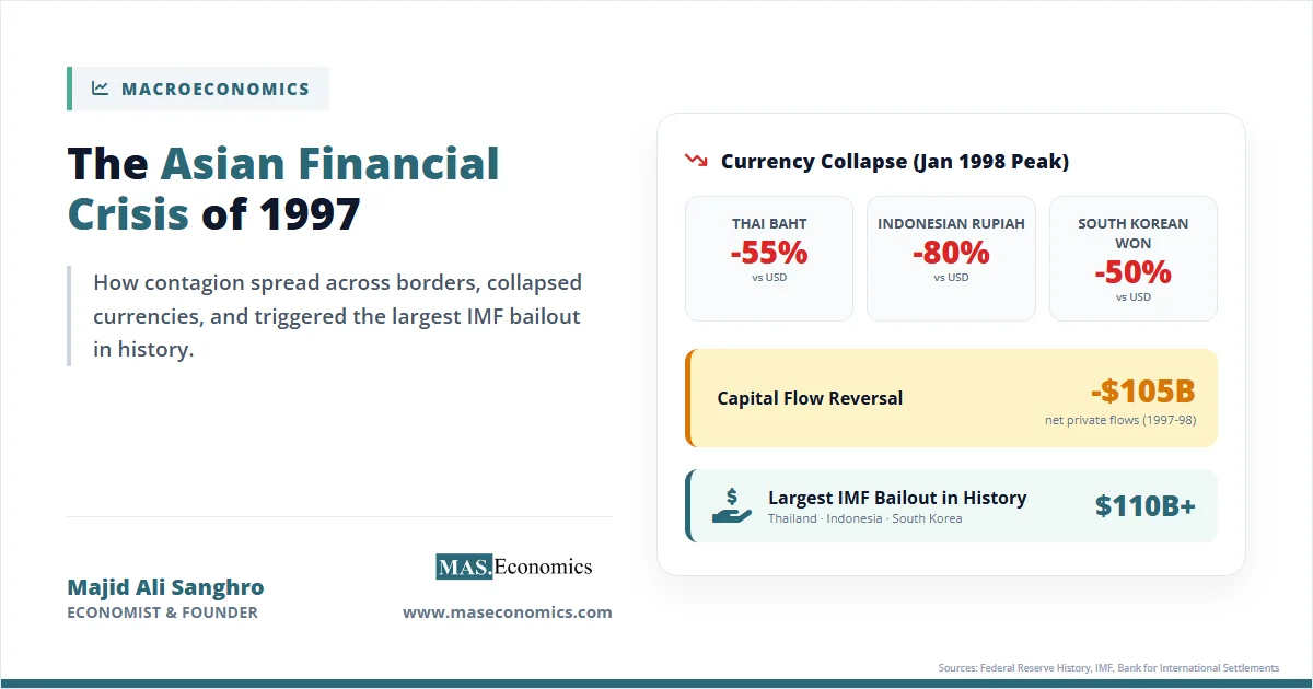 Asian financial crisis 1997 currency collapse showing Thai baht down 55 percent Indonesian rupiah down 80 percent and South Korean won down 50 percent.