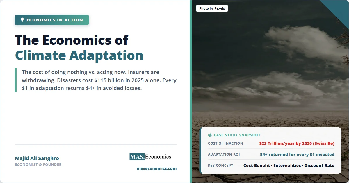 Climate adaptation: $23 trillion annual cost by 2050, $4 return per $1 invested, cost-benefit and externalities.
