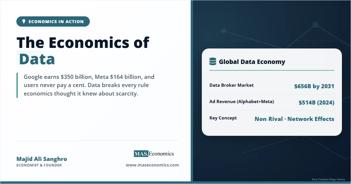 Data economy overview showing Alphabet and Meta ad revenue exceeding 514 billion dollars with zero user price.