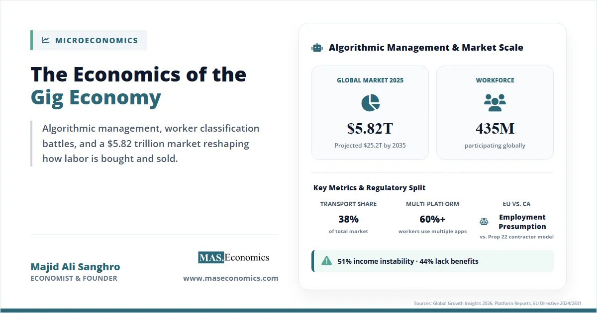 Gig economy overview showing $5.82 trillion market value and algorithmic management impact on 435 million workers globally.