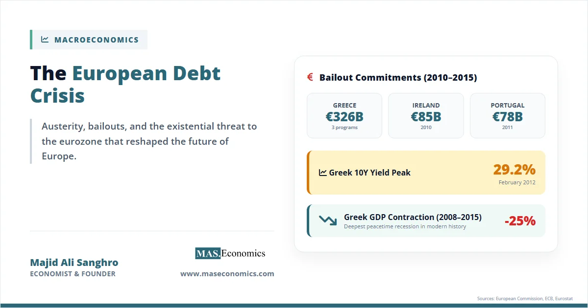 European debt crisis overview showing bailout amounts and Greek ten year yield peak at 29.2 percent.