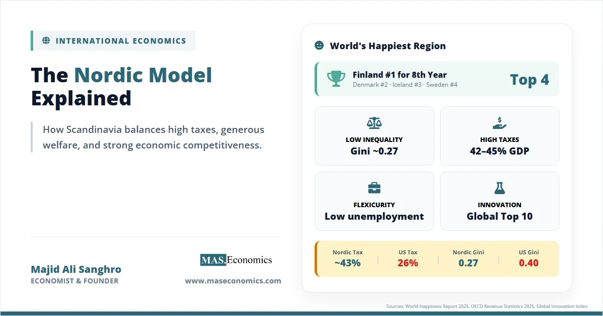 Nordic model comparison showing tax to GDP ratio and low Gini coefficient versus United States.