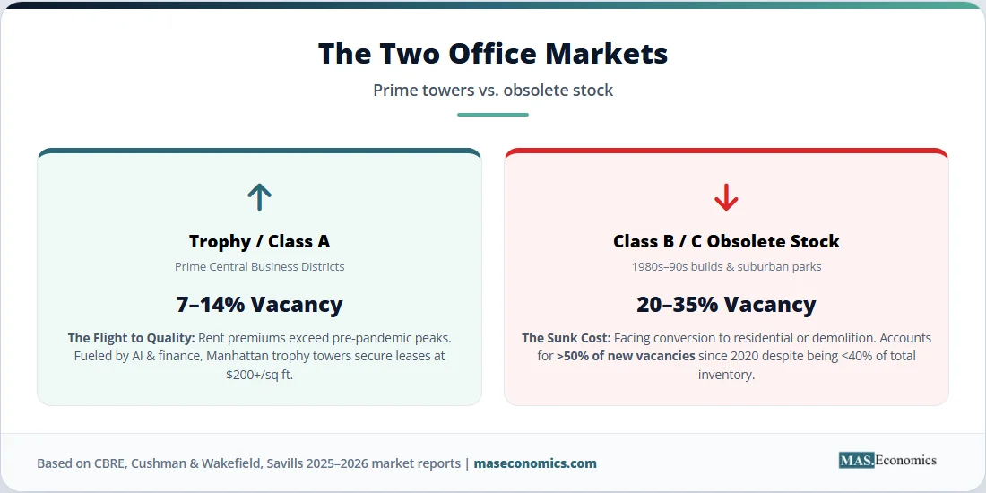 Comparison of trophy Class A offices with low vacancy versus obsolete Class B and C offices with high vacancy.