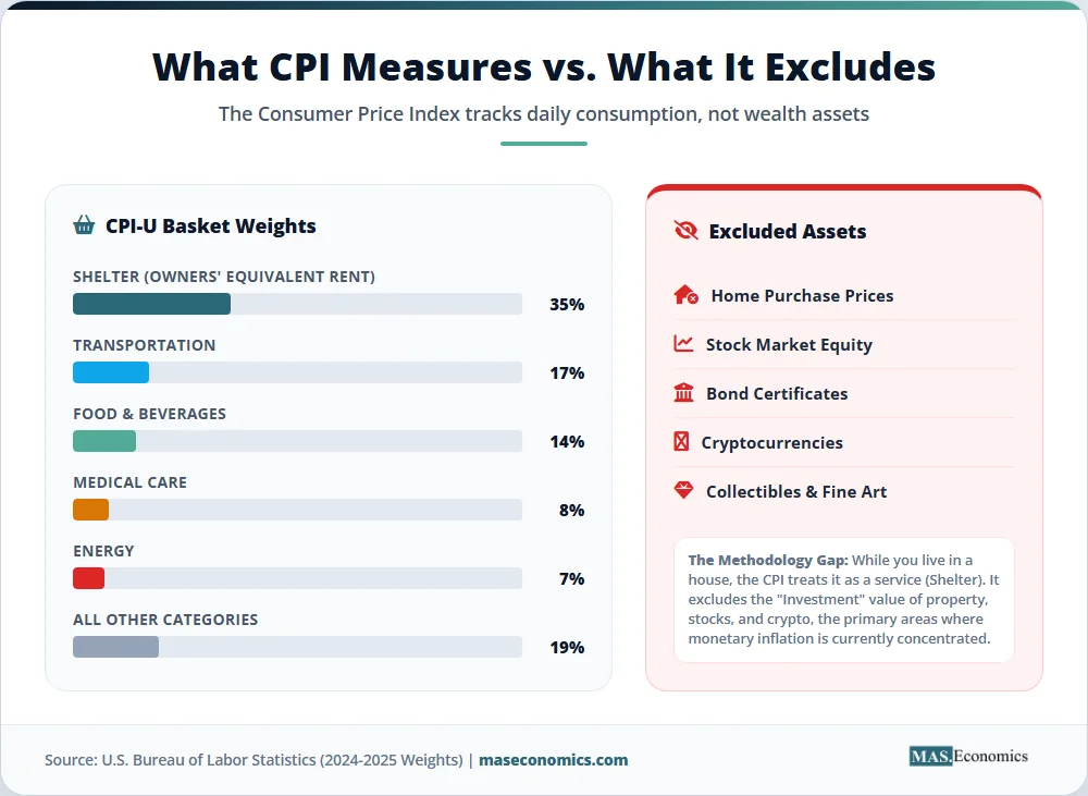 CPI basket weights and excluded assets comparison showing shelter at 35 percent and exclusion of stocks and home prices.