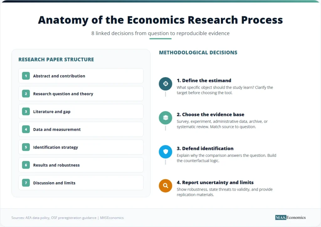Diagram of economics research process showing eight decisions: estimand, evidence base, identification, uncertainty, alongside paper sections from abstract to limits.