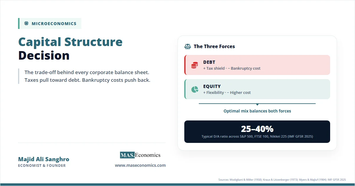 Capital structure decision concept showing debt and equity forces balancing to an optimal mix.