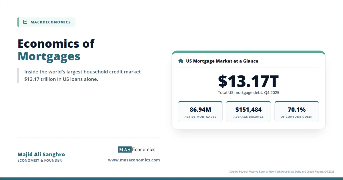 US mortgage market at a glance with $13.17 trillion debt, 86.94 million loans, and 70.1 percent of consumer debt.