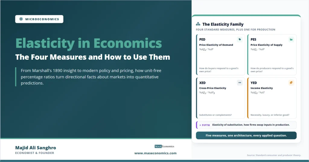 Feature image for “Elasticity in Economics,” showing the four standard elasticity measures used to analyze demand, supply, cross-price relationships, income responses, and production flexibility.