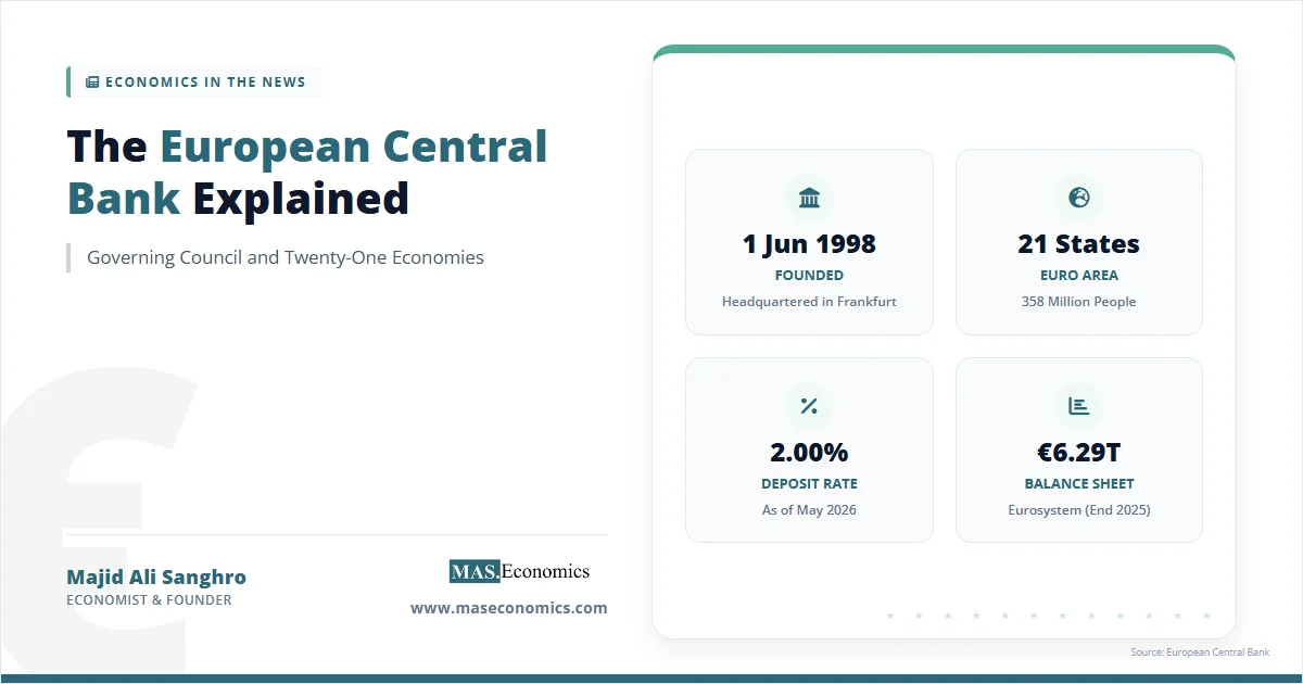European Central Bank explained graphic with founding year, 21 member states, deposit rate, and balance sheet.