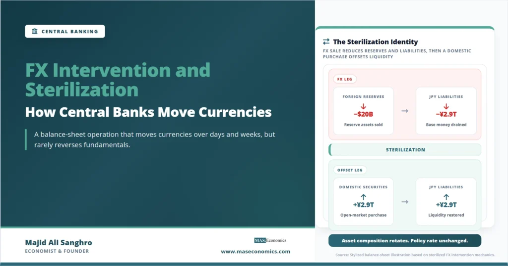 Feature image for “FX Intervention and Sterilization,” showing how a central bank sells foreign reserves, sterilizes the liquidity impact, and keeps the policy rate unchanged.