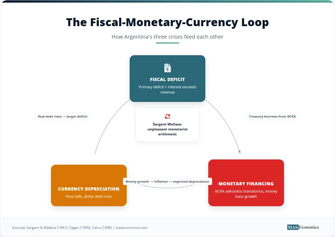 Diagram of the fiscal-monetary-currency loop in Argentina, showing how deficits, central bank financing, and depreciation interact.
