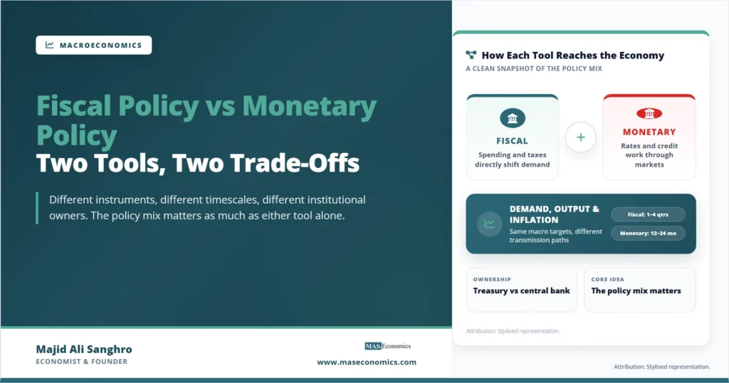 Feature image comparing fiscal policy and monetary policy, showing how government spending and taxes work alongside central bank rates and credit channels to affect demand, output, and inflation.