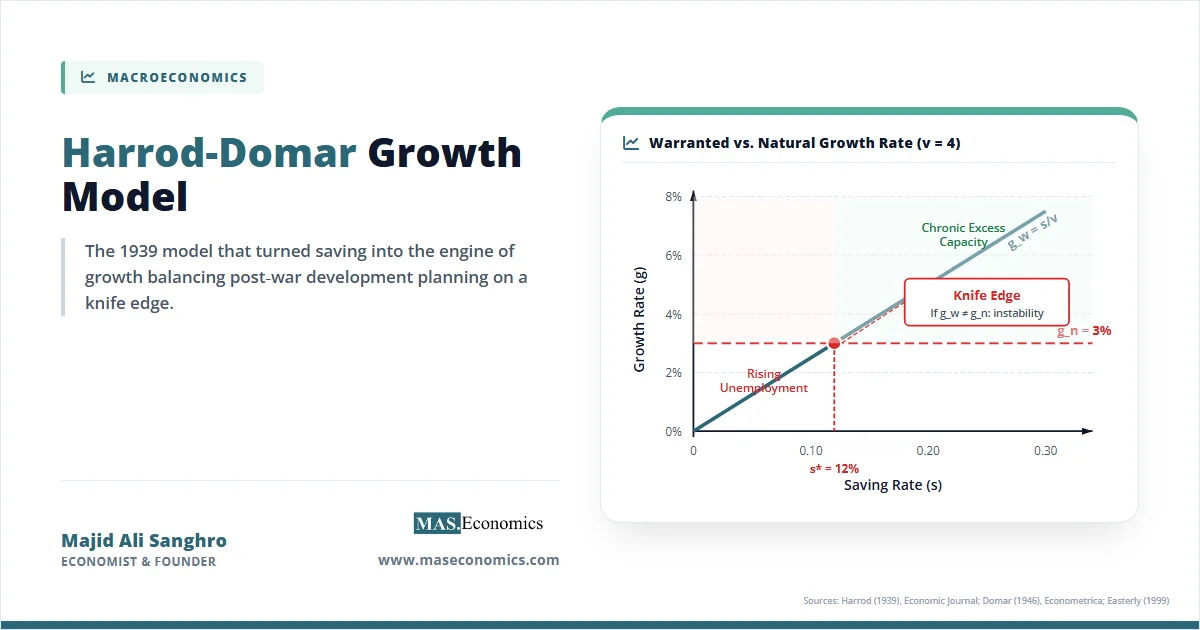 Harrod-Domar graph with warranted and natural growth lines intersecting at a knife-edge saving rate of 12 percent.