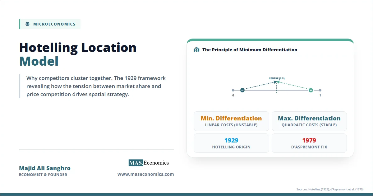 Hotelling location model concept with minimum differentiation from 1929 and maximum differentiation correction from 1979.