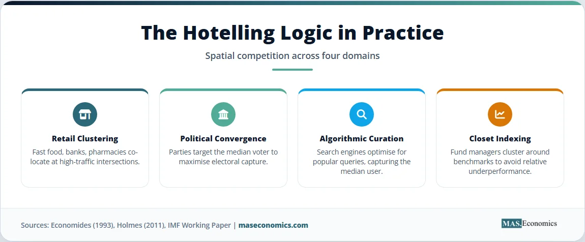 Four-panel infographic showing Hotelling logic in retail clustering, political convergence, algorithmic curation, and closet indexing.