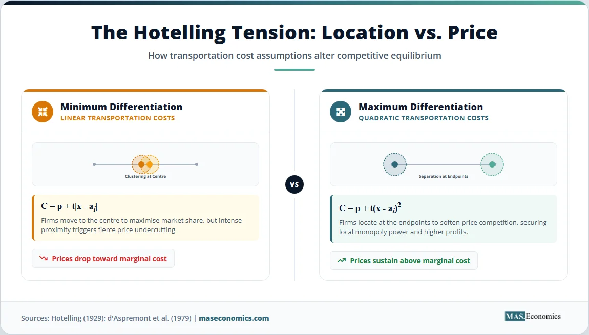Comparison of minimum differentiation with linear costs and maximum differentiation with quadratic costs.