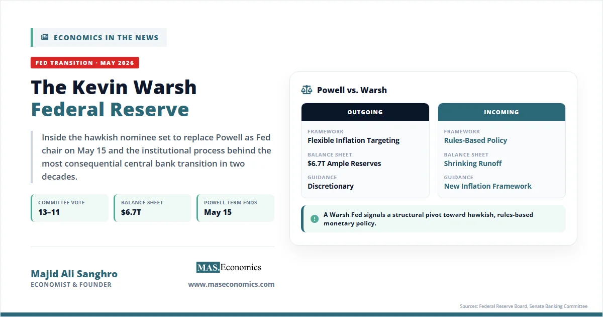 Kevin Warsh Federal Reserve graphic with committee vote 13-11, balance sheet $6.7T, and Powell vs. Warsh comparison.