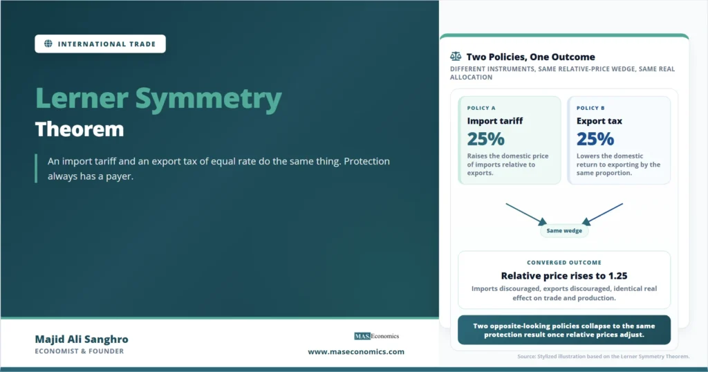Feature image for “Lerner Symmetry Theorem,” showing an import tariff and an export tax of equal rate converging to the same relative-price wedge.