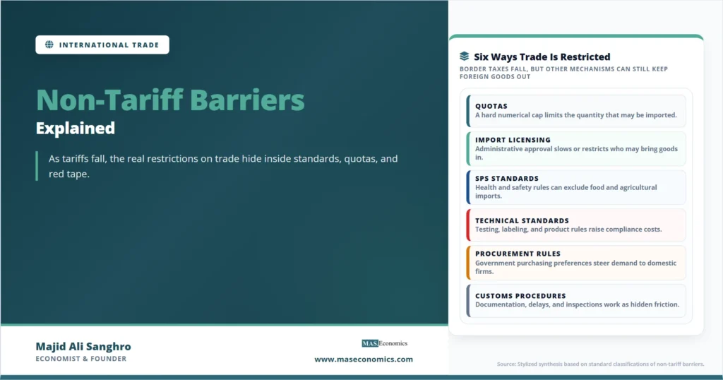Feature image for “Non-Tariff Barriers Explained,” showing six major ways trade is restricted beyond tariffs, including quotas, licensing, standards, procurement rules, and customs procedures.